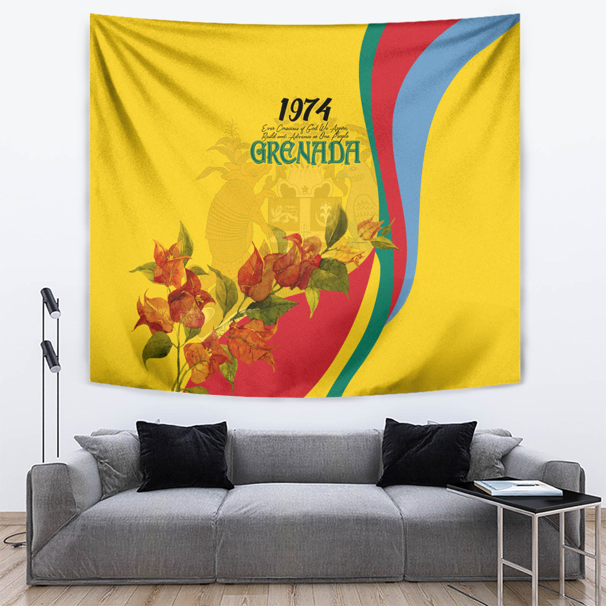 Yellow Grenada independence tapestry with bougainvillea flowers, 1974 text, ribbon wave