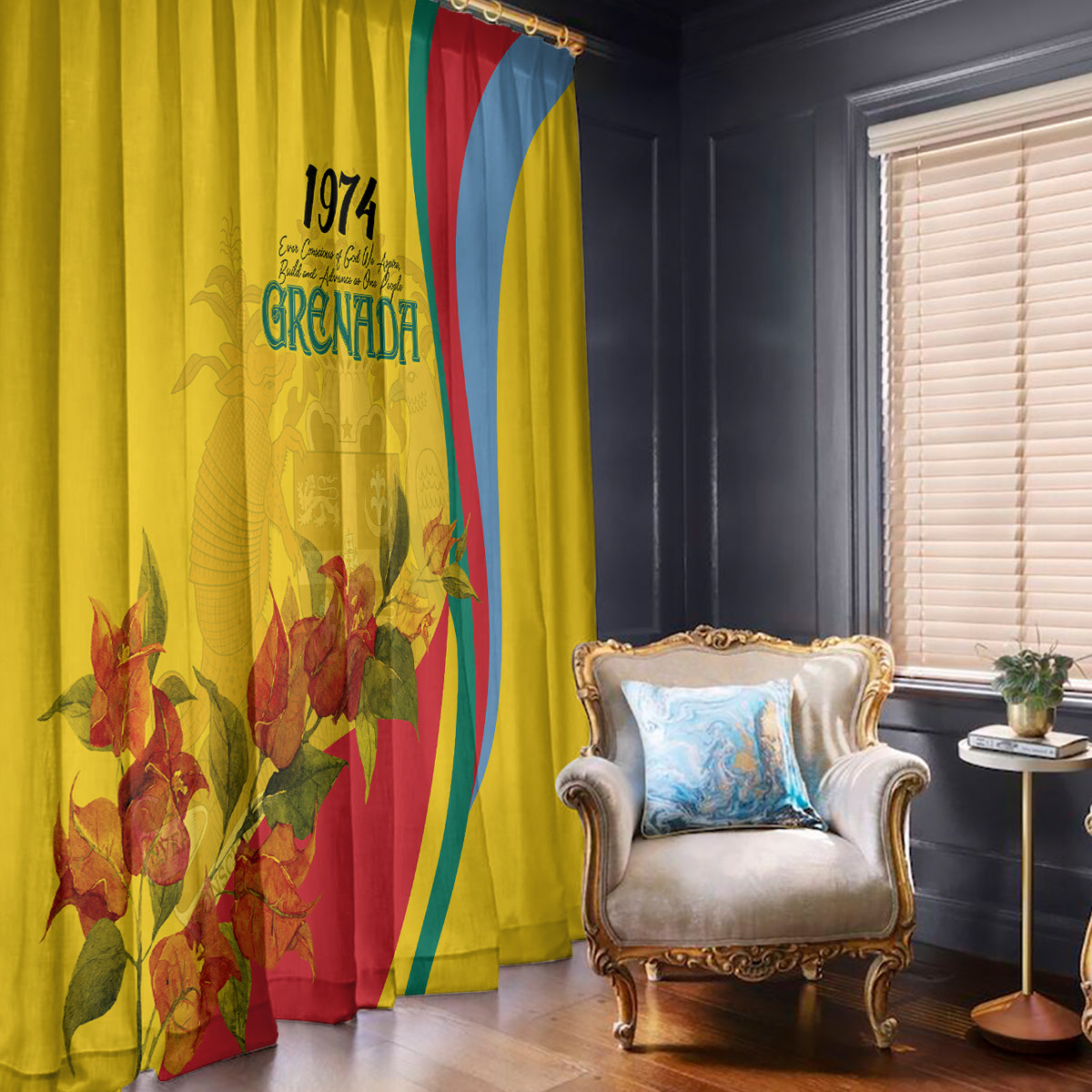 Yellow Grenada flag-style window curtain with bougainvillea blossoms and curved multicolor stripes.