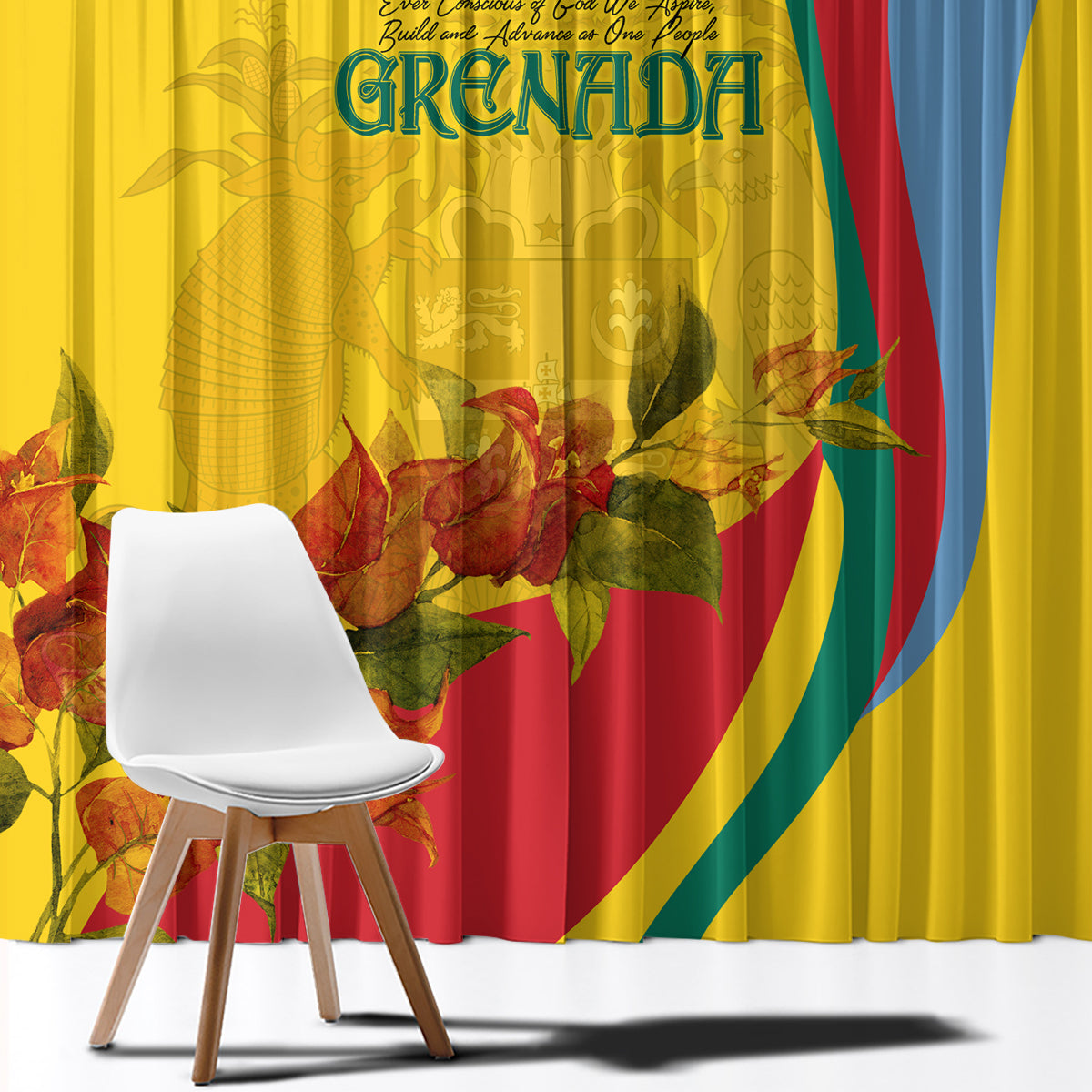 Yellow Grenada flag-style window curtain featuring bougainvillea flowers and bold “GRENADA” text.