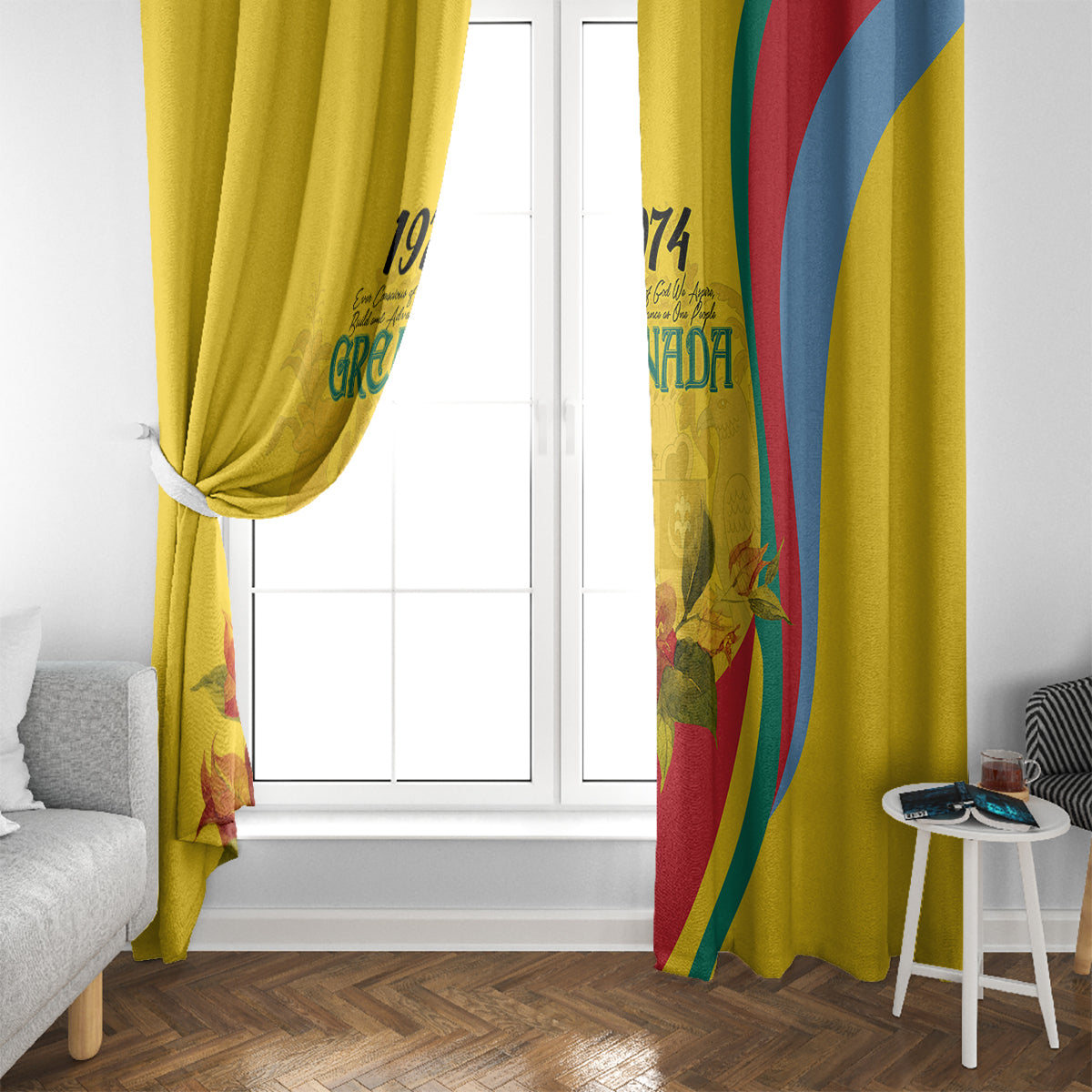 Yellow Grenada flag-style window curtain with bougainvillea flowers, draped panels by a white door.