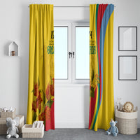 Yellow Grenada flag-style window curtain pair with bougainvillea blooms and red-green-blue stripe detail.