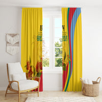 Yellow Grenada flag-style window curtains with bougainvillea flowers and multicolor arc stripe motif.