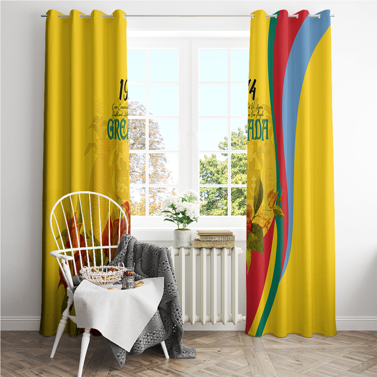 Yellow Grenada flag-style window curtains with “1974” and bougainvillea flowers printed on fabric.
