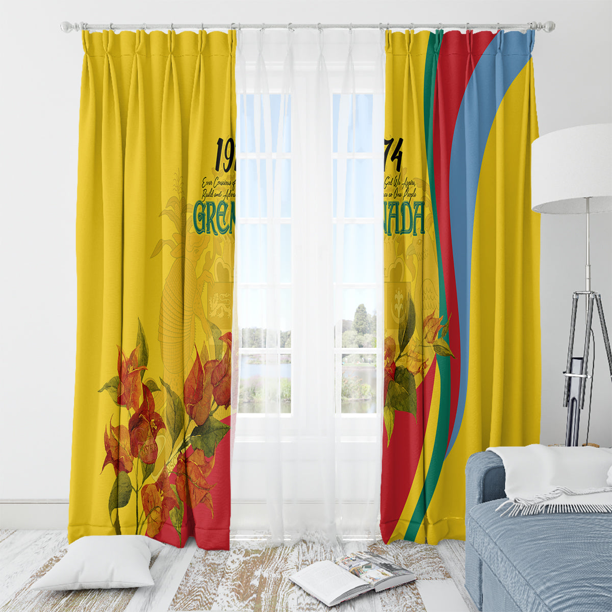 Yellow Grenada flag-style window curtains with bougainvillea flowers, “1974” and “GRENADA” text.