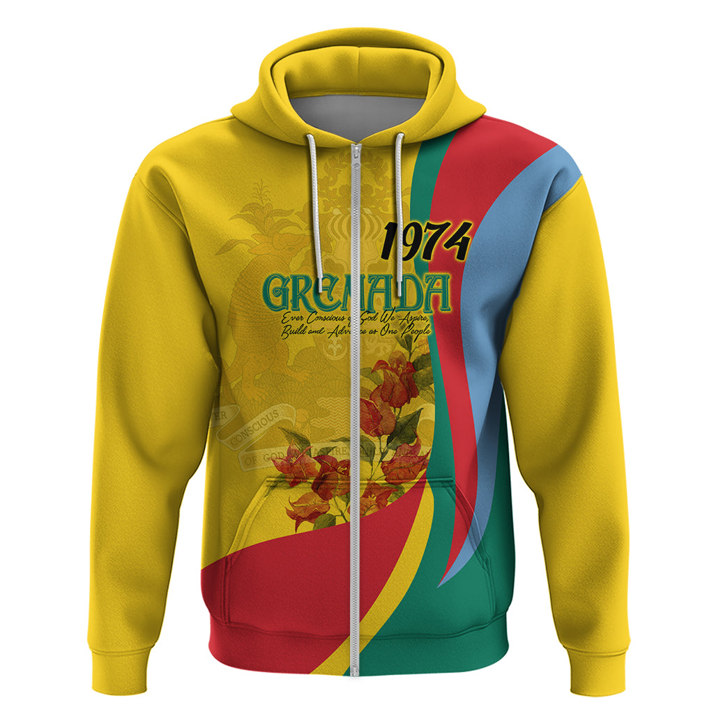 Yellow zip hoodie with Grenada emblem, 1974 text, and floral flag graphic