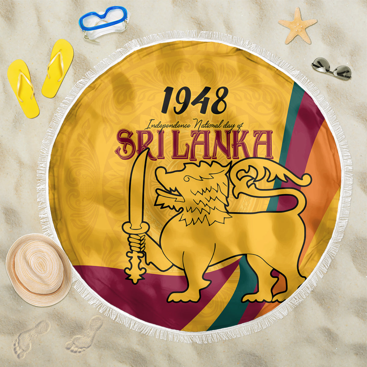 Sri Lanka National Day Beach Blanket The Lion Passant With Ketayam Wood Art LT9 - Wonder Print Shop