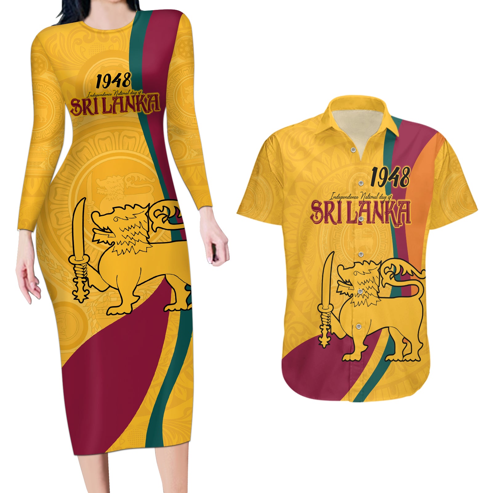 Sri Lanka National Day Couples Matching Long Sleeve Bodycon Dress and Hawaiian Shirt The Lion Passant With Ketayam Wood Art LT9 - Wonder Print Shop