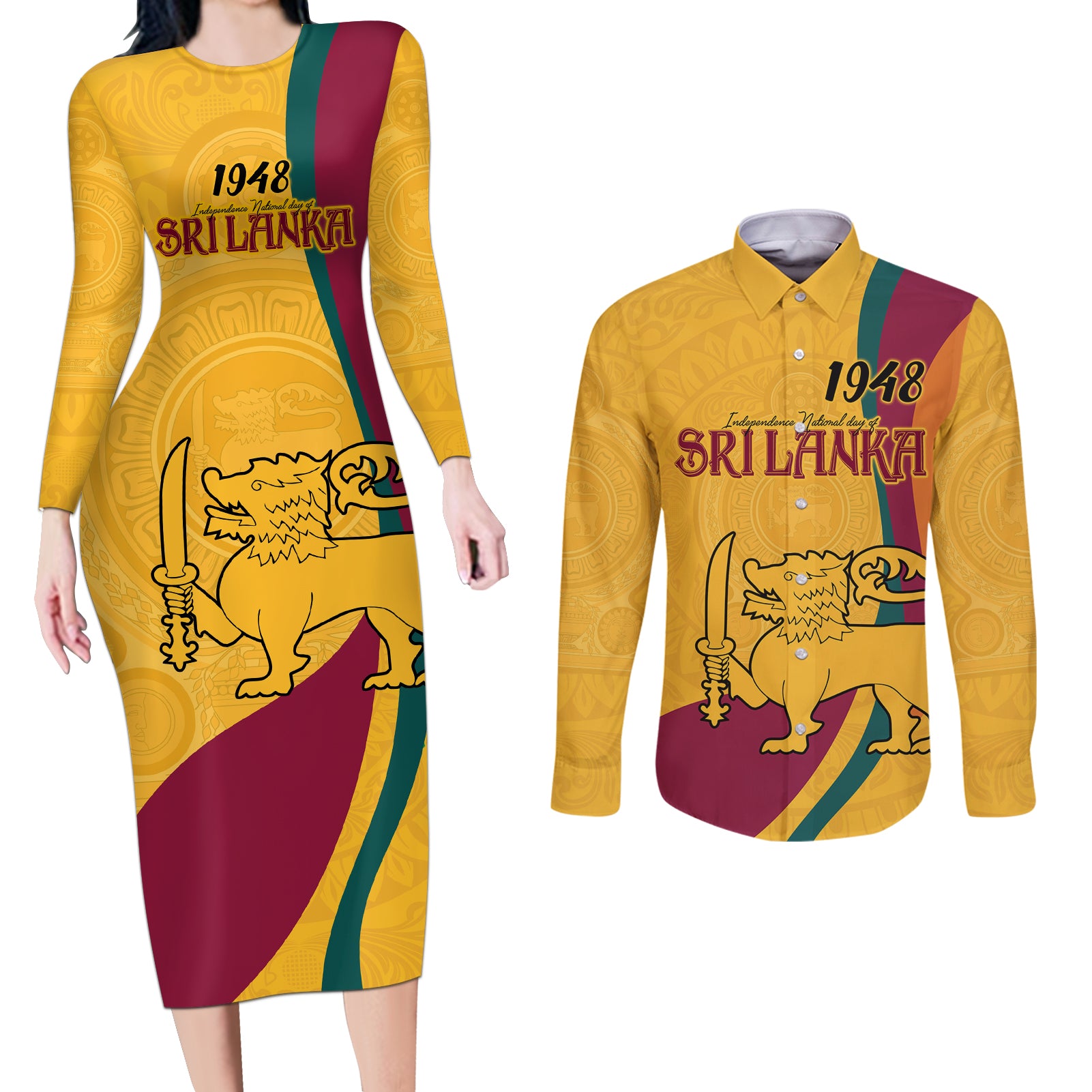 Sri Lanka National Day Couples Matching Long Sleeve Bodycon Dress and Long Sleeve Button Shirt The Lion Passant With Ketayam Wood Art LT9 - Wonder Print Shop