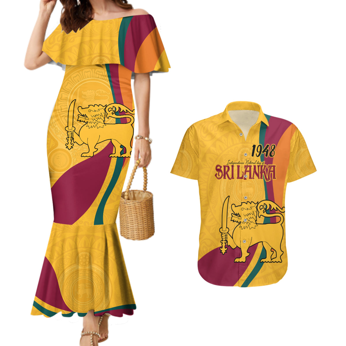 Sri Lanka National Day Couples Matching Mermaid Dress and Hawaiian Shirt The Lion Passant With Ketayam Wood Art LT9 - Wonder Print Shop