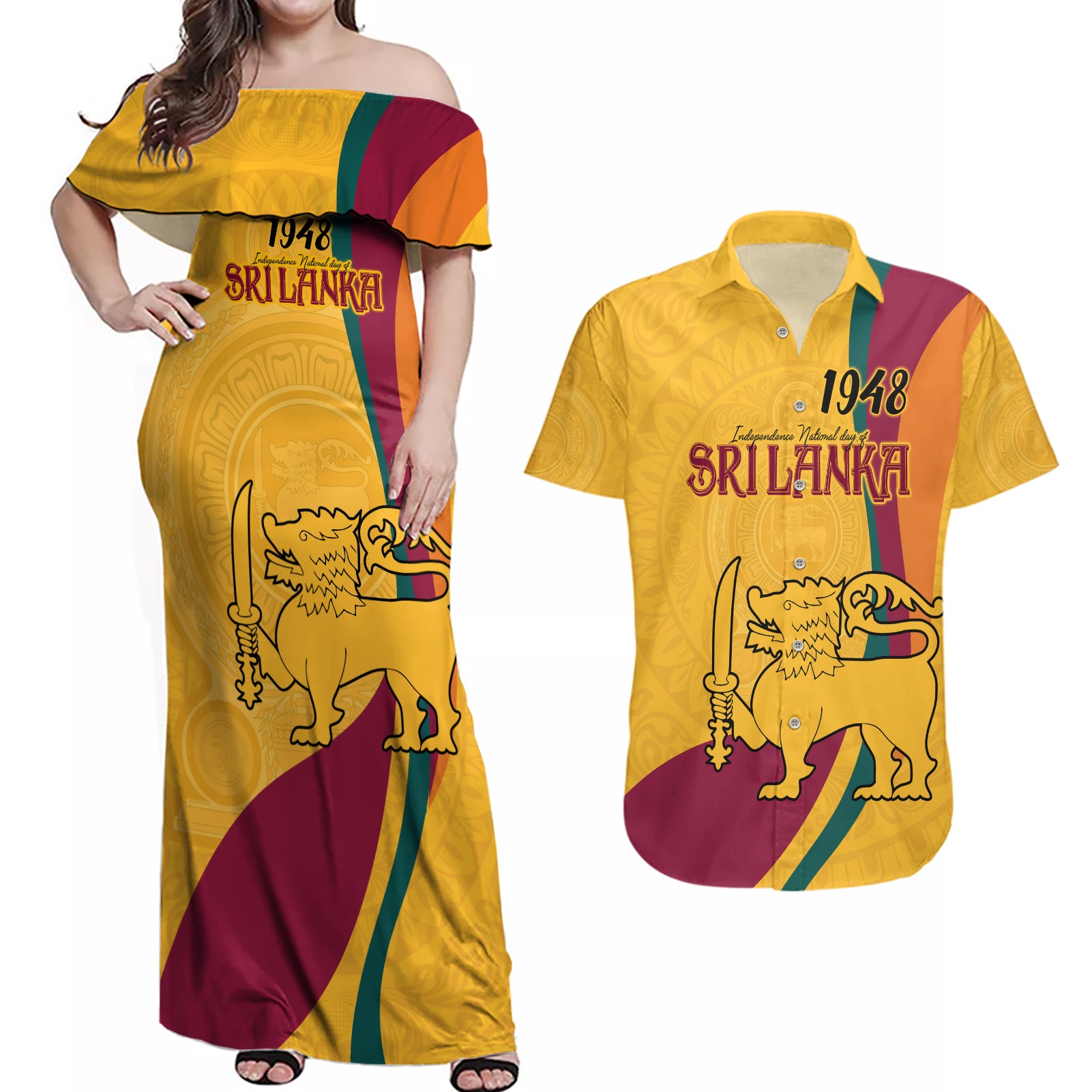 Sri Lanka National Day Couples Matching Off Shoulder Maxi Dress and Hawaiian Shirt The Lion Passant With Ketayam Wood Art LT9 - Wonder Print Shop