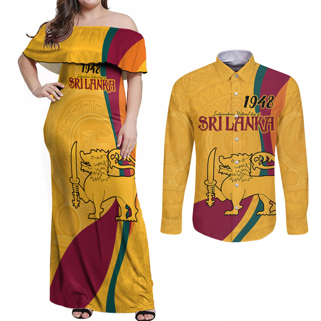 Sri Lanka National Day Couples Matching Off Shoulder Maxi Dress and Long Sleeve Button Shirt The Lion Passant With Ketayam Wood Art LT9 - Wonder Print Shop