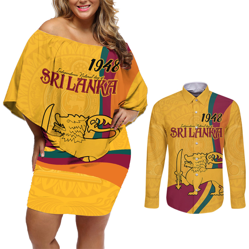 Sri Lanka National Day Couples Matching Off Shoulder Short Dress and Long Sleeve Button Shirt The Lion Passant With Ketayam Wood Art LT9 - Wonder Print Shop