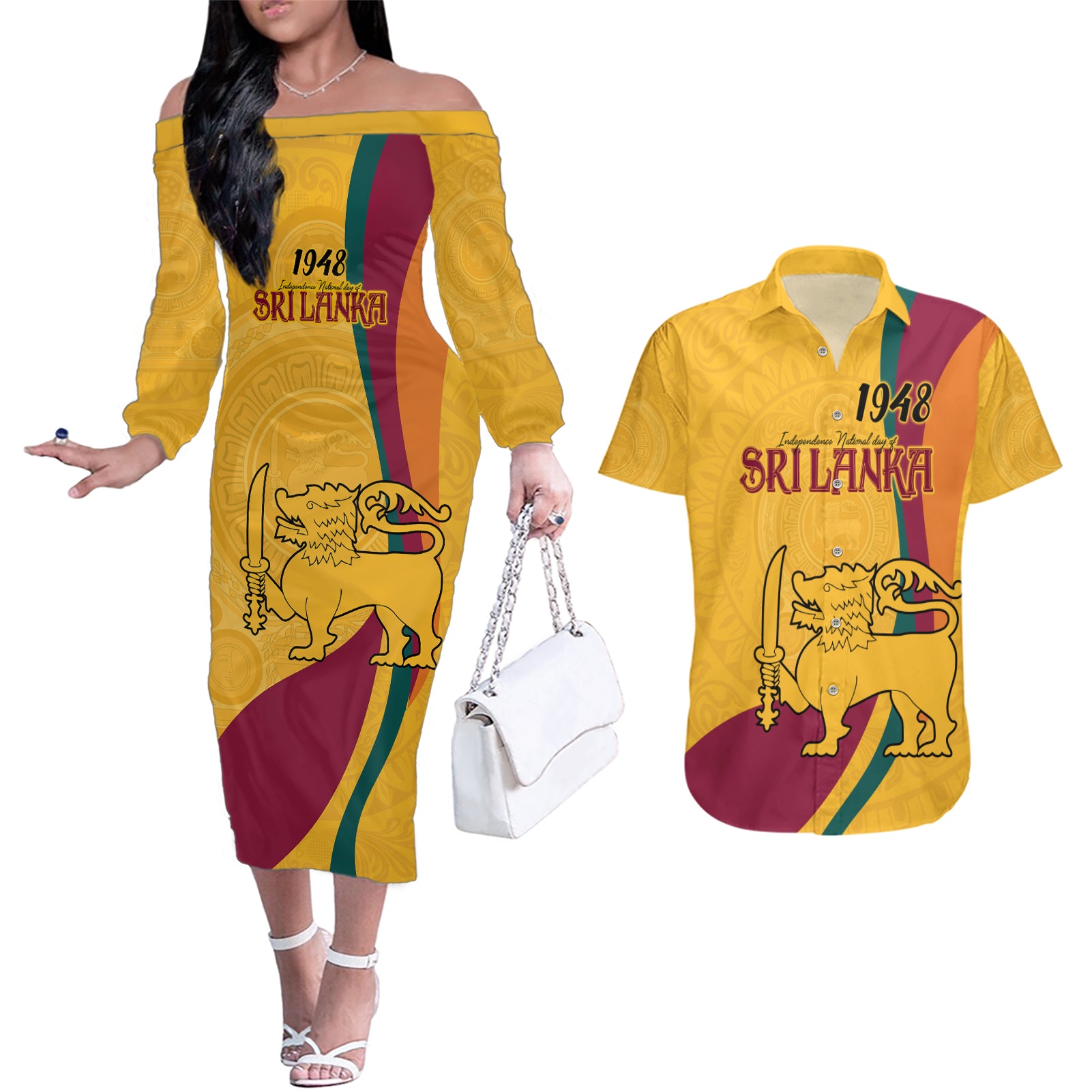 Sri Lanka National Day Couples Matching Off The Shoulder Long Sleeve Dress and Hawaiian Shirt The Lion Passant With Ketayam Wood Art LT9 - Wonder Print Shop