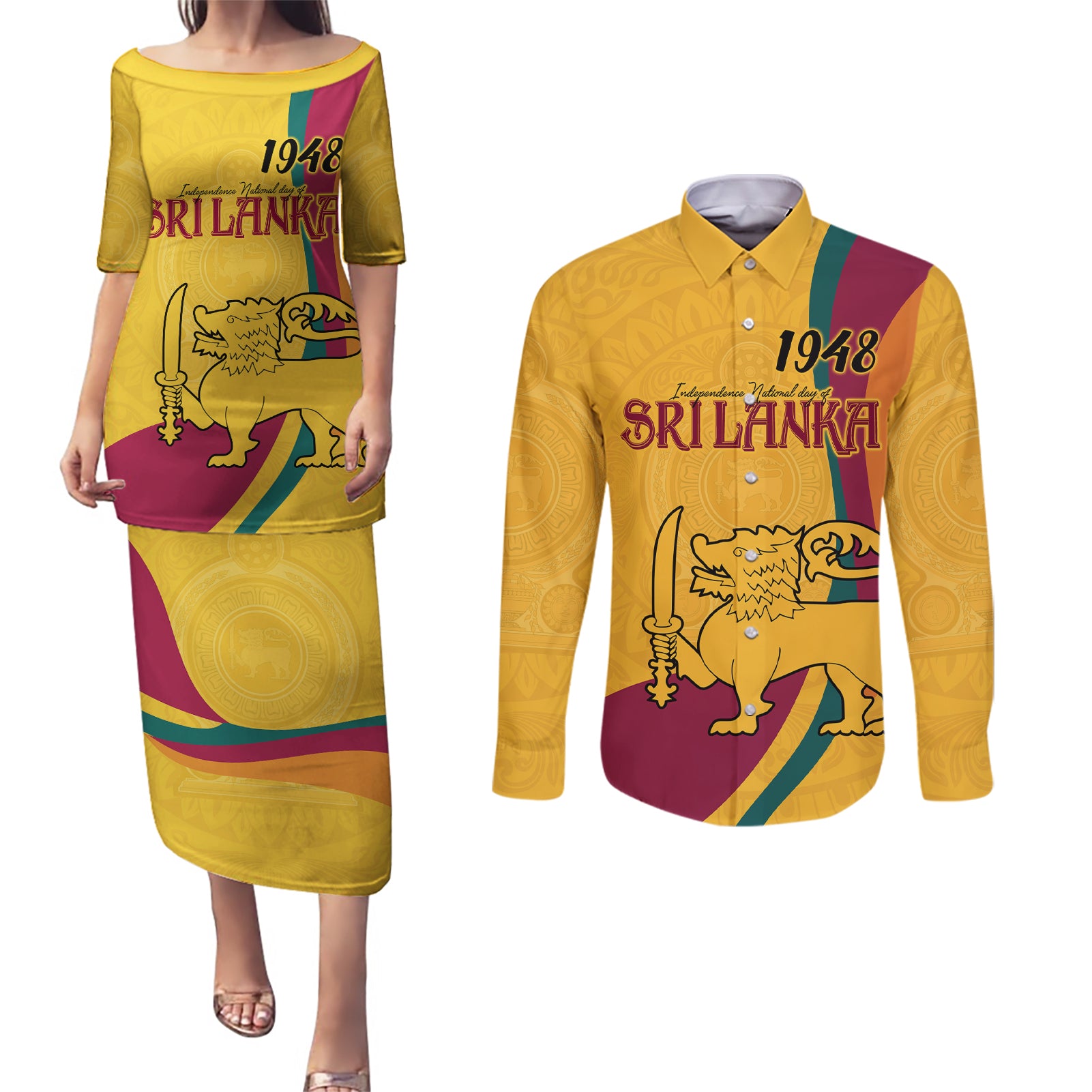 Sri Lanka National Day Couples Matching Puletasi and Long Sleeve Button Shirt The Lion Passant With Ketayam Wood Art LT9 - Wonder Print Shop