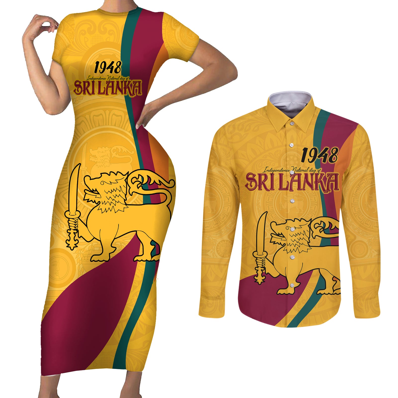 Sri Lanka National Day Couples Matching Short Sleeve Bodycon Dress and Long Sleeve Button Shirt The Lion Passant With Ketayam Wood Art LT9 - Wonder Print Shop