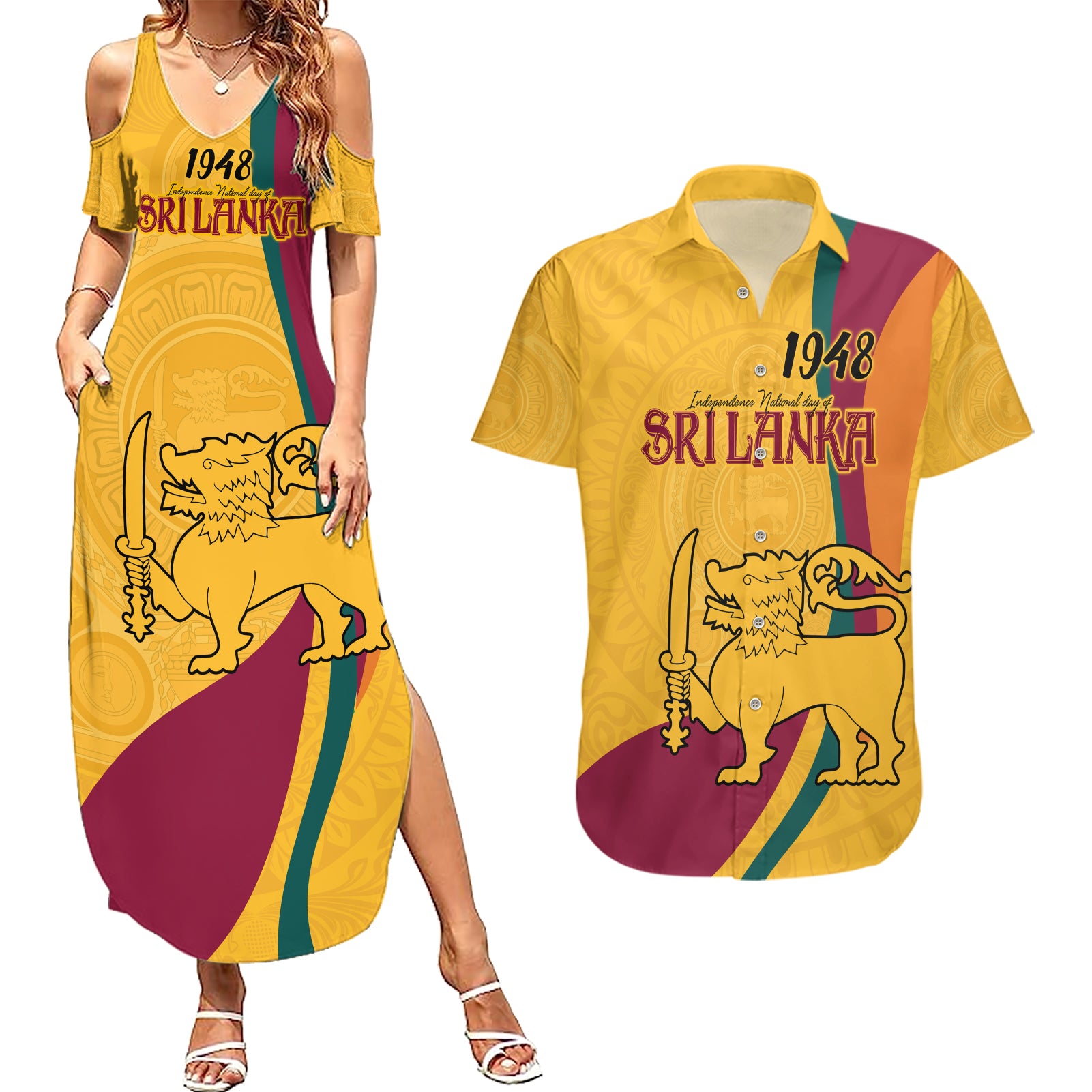 Sri Lanka National Day Couples Matching Summer Maxi Dress and Hawaiian Shirt The Lion Passant With Ketayam Wood Art LT9 - Wonder Print Shop