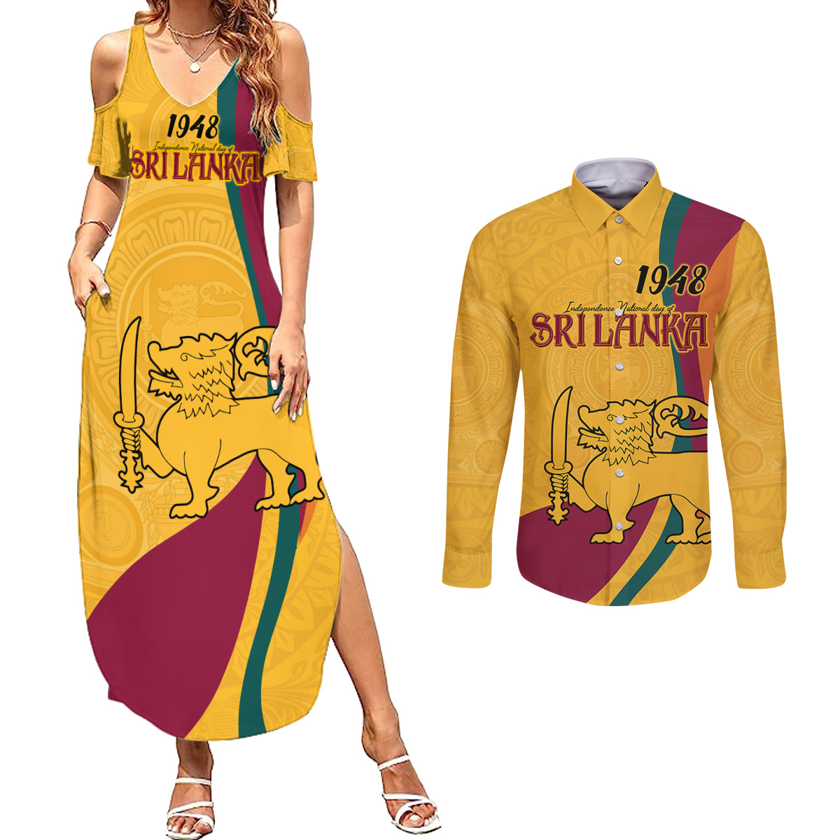 Sri Lanka National Day Couples Matching Summer Maxi Dress and Long Sleeve Button Shirt The Lion Passant With Ketayam Wood Art LT9 - Wonder Print Shop