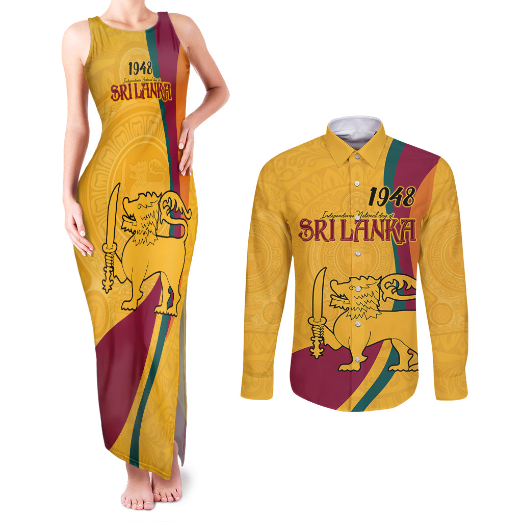 Sri Lanka National Day Couples Matching Tank Maxi Dress and Long Sleeve Button Shirt The Lion Passant With Ketayam Wood Art LT9 - Wonder Print Shop