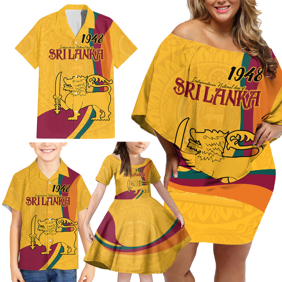 Sri Lanka National Day Family Matching Off Shoulder Short Dress and Hawaiian Shirt The Lion Passant With Ketayam Wood Art LT9 - Wonder Print Shop