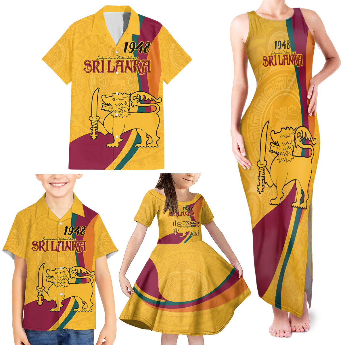 Sri Lanka National Day Family Matching Tank Maxi Dress and Hawaiian Shirt The Lion Passant With Ketayam Wood Art - Wonder Print Shop