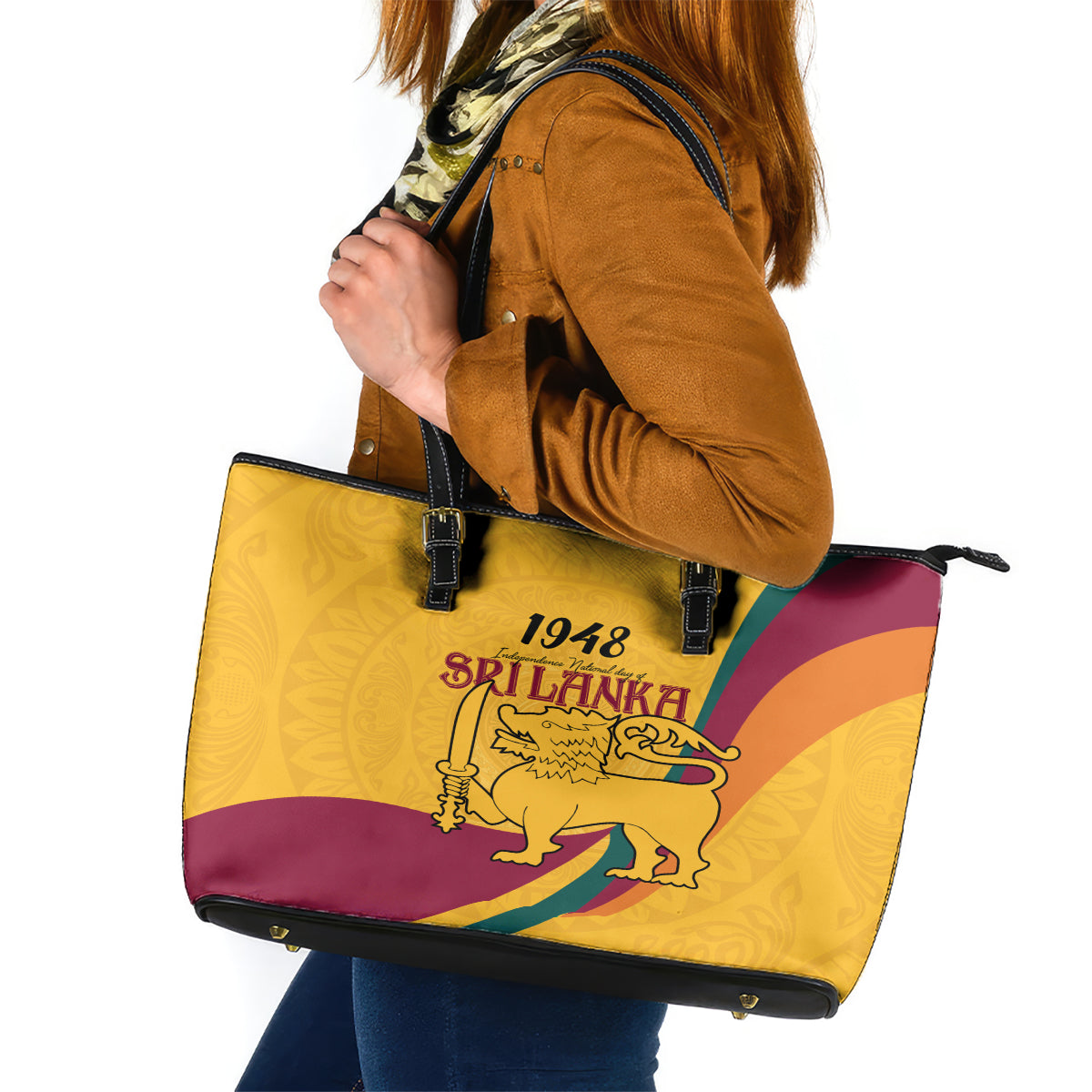 Sri Lanka National Day Leather Tote Bag The Lion Passant With Ketayam Wood Art - Wonder Print Shop