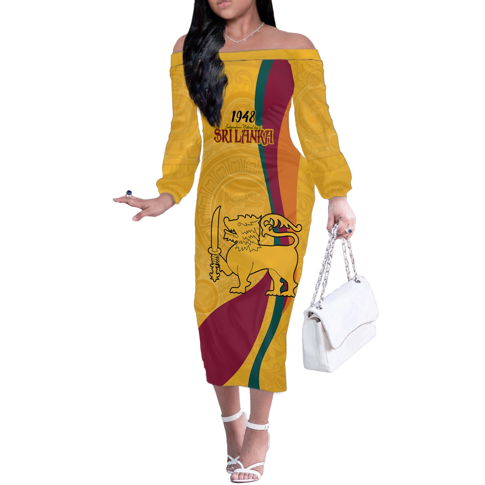 Sri Lanka National Day Off The Shoulder Long Sleeve Dress The Lion Passant With Ketayam Wood Art - Wonder Print Shop