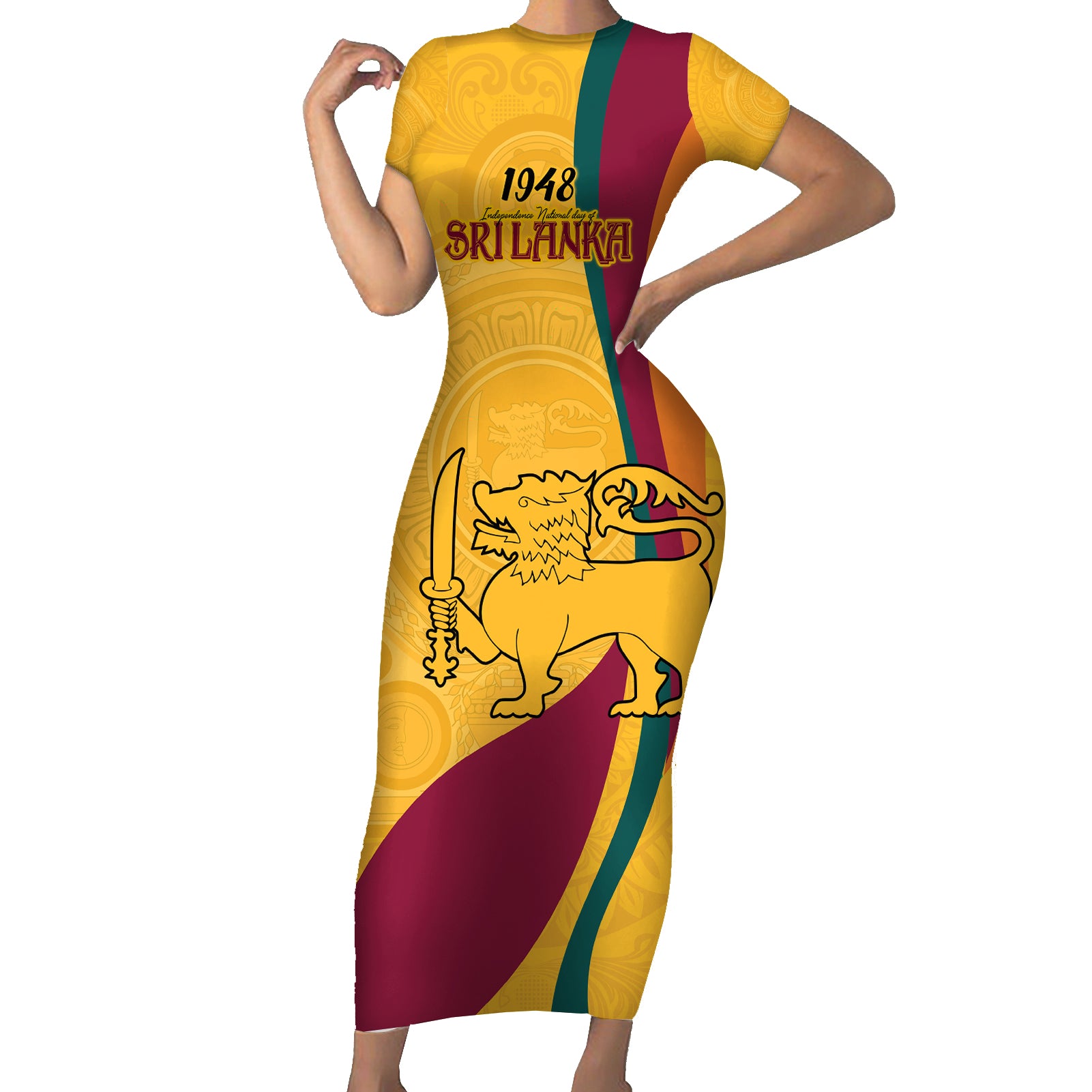 Sri Lanka National Day Short Sleeve Bodycon Dress The Lion Passant With Ketayam Wood Art - Wonder Print Shop