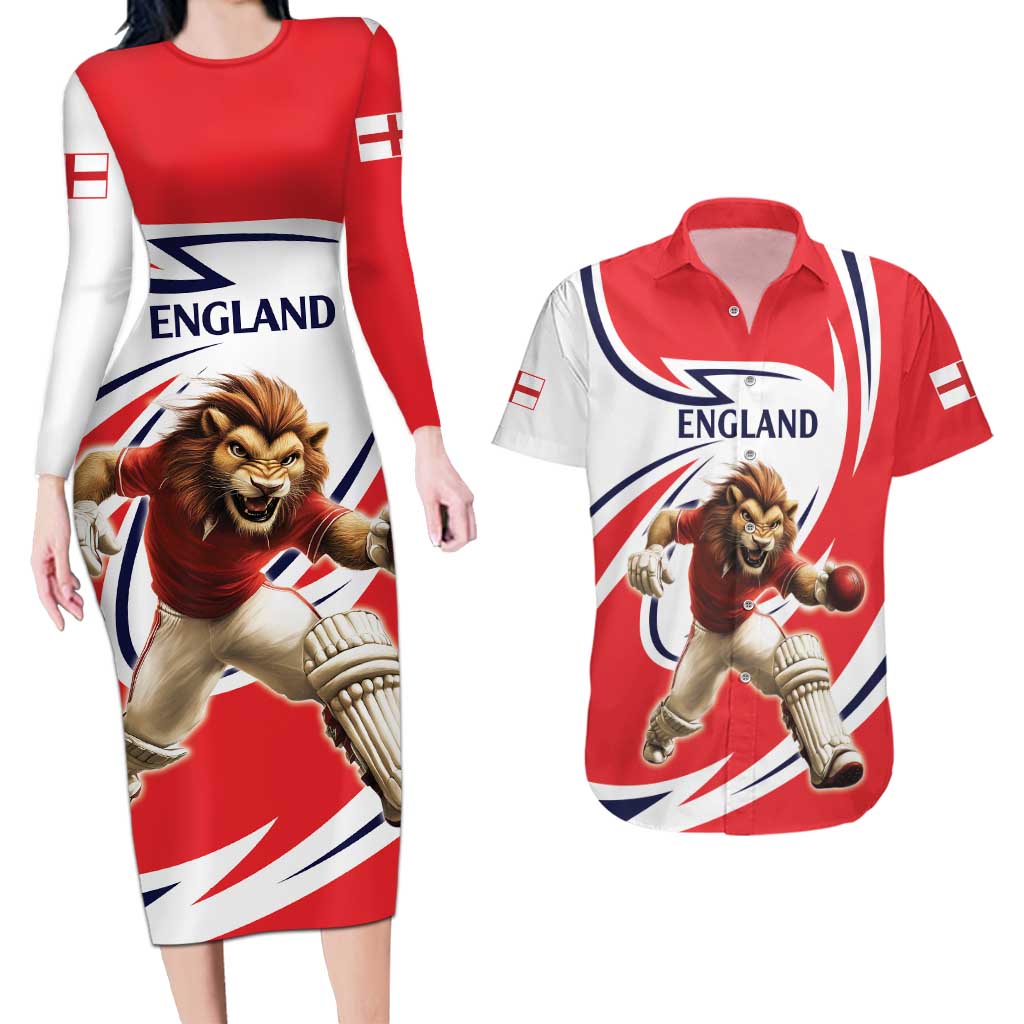 England Lion Mascot Cricket Custom Couples Matching Long Sleeve Bodycon Dress and Hawaiian Shirt Unique Pattern