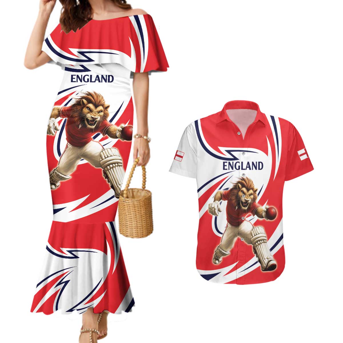 England Lion Mascot Cricket Custom Couples Matching Mermaid Dress and Hawaiian Shirt Unique Pattern