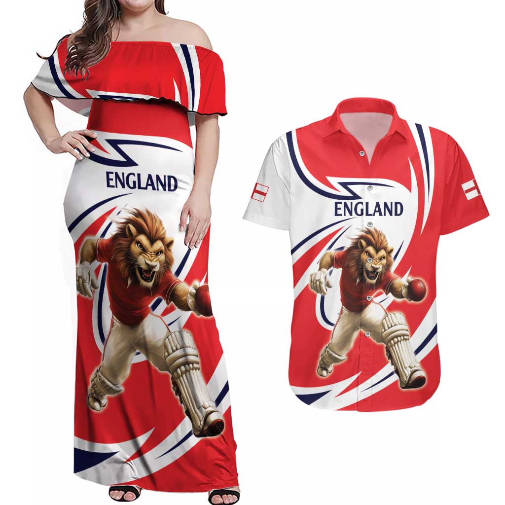 England Lion Mascot Cricket Custom Couples Matching Off Shoulder Maxi Dress and Hawaiian Shirt Unique Pattern