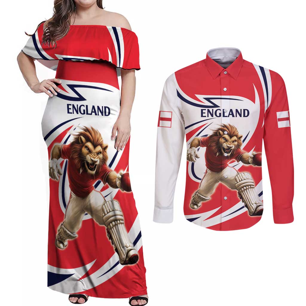 England Lion Mascot Cricket Custom Couples Matching Off Shoulder Maxi Dress and Long Sleeve Button Shirt Unique Pattern