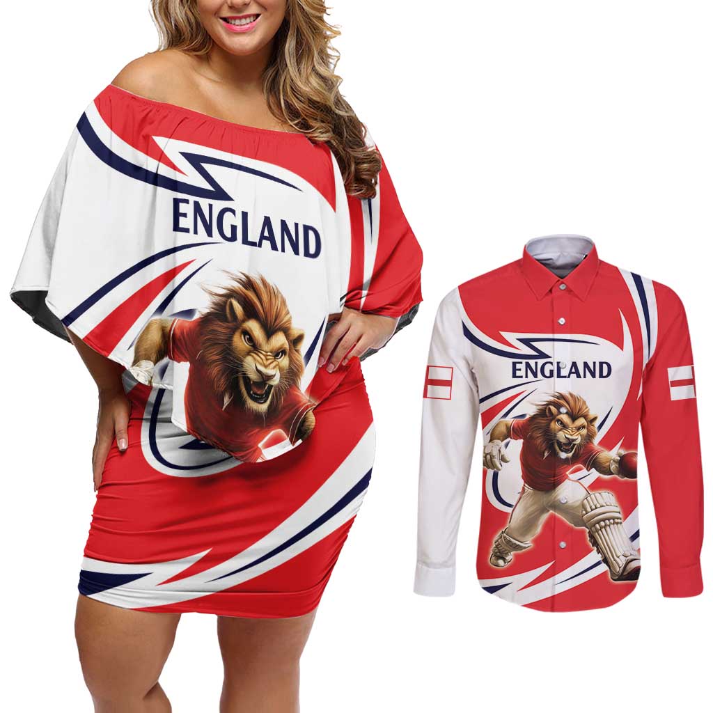 England Lion Mascot Cricket Custom Couples Matching Off Shoulder Short Dress and Long Sleeve Button Shirt Unique Pattern