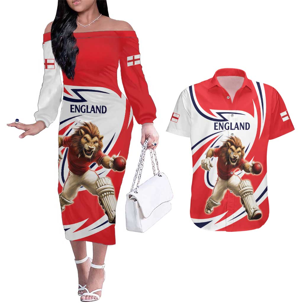 England Lion Mascot Cricket Custom Couples Matching Off The Shoulder Long Sleeve Dress and Hawaiian Shirt Unique Pattern