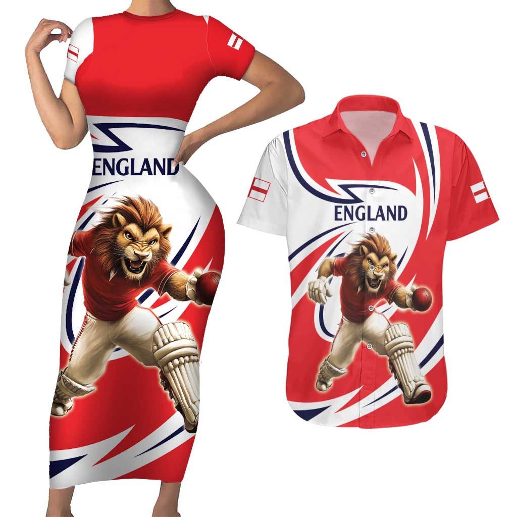 England Lion Mascot Cricket Custom Couples Matching Short Sleeve Bodycon Dress and Hawaiian Shirt Unique Pattern