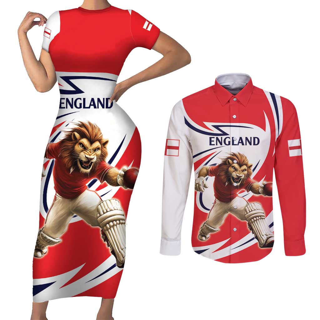 England Lion Mascot Cricket Custom Couples Matching Short Sleeve Bodycon Dress and Long Sleeve Button Shirt Unique Pattern