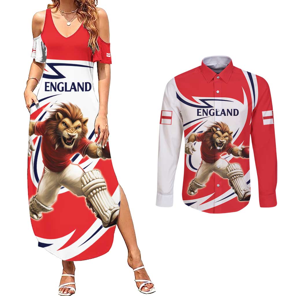 England Lion Mascot Cricket Custom Couples Matching Summer Maxi Dress and Long Sleeve Button Shirt Unique Pattern