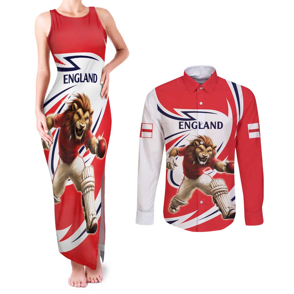 England Lion Mascot Cricket Custom Couples Matching Tank Maxi Dress and Long Sleeve Button Shirt Unique Pattern