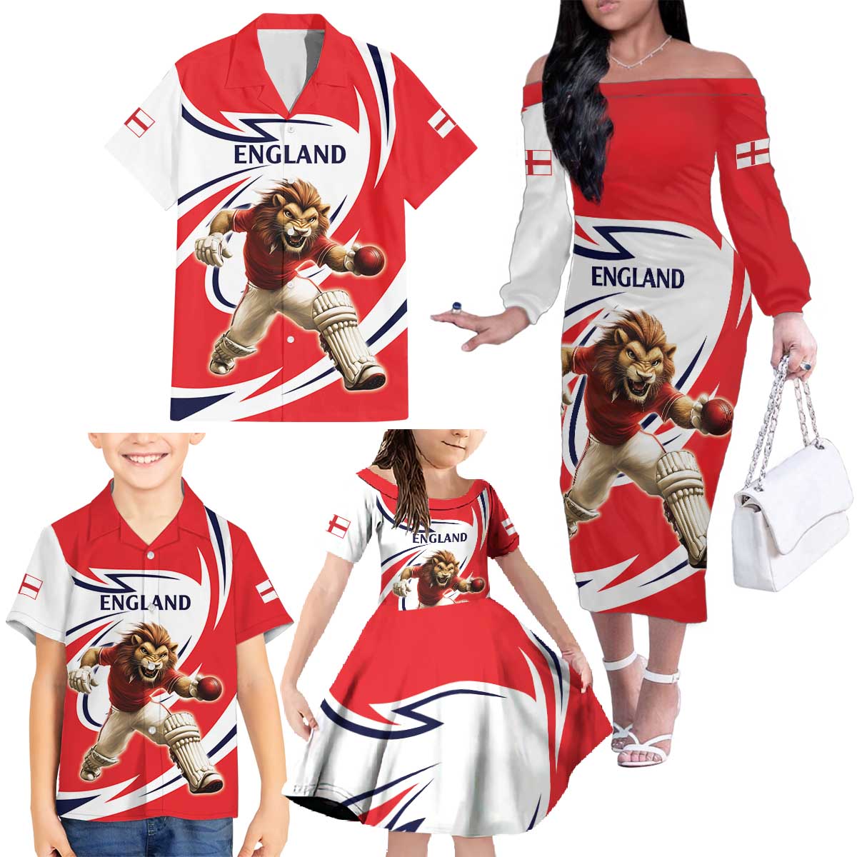 England Lion Mascot Cricket Custom Family Matching Off The Shoulder Long Sleeve Dress and Hawaiian Shirt Unique Pattern