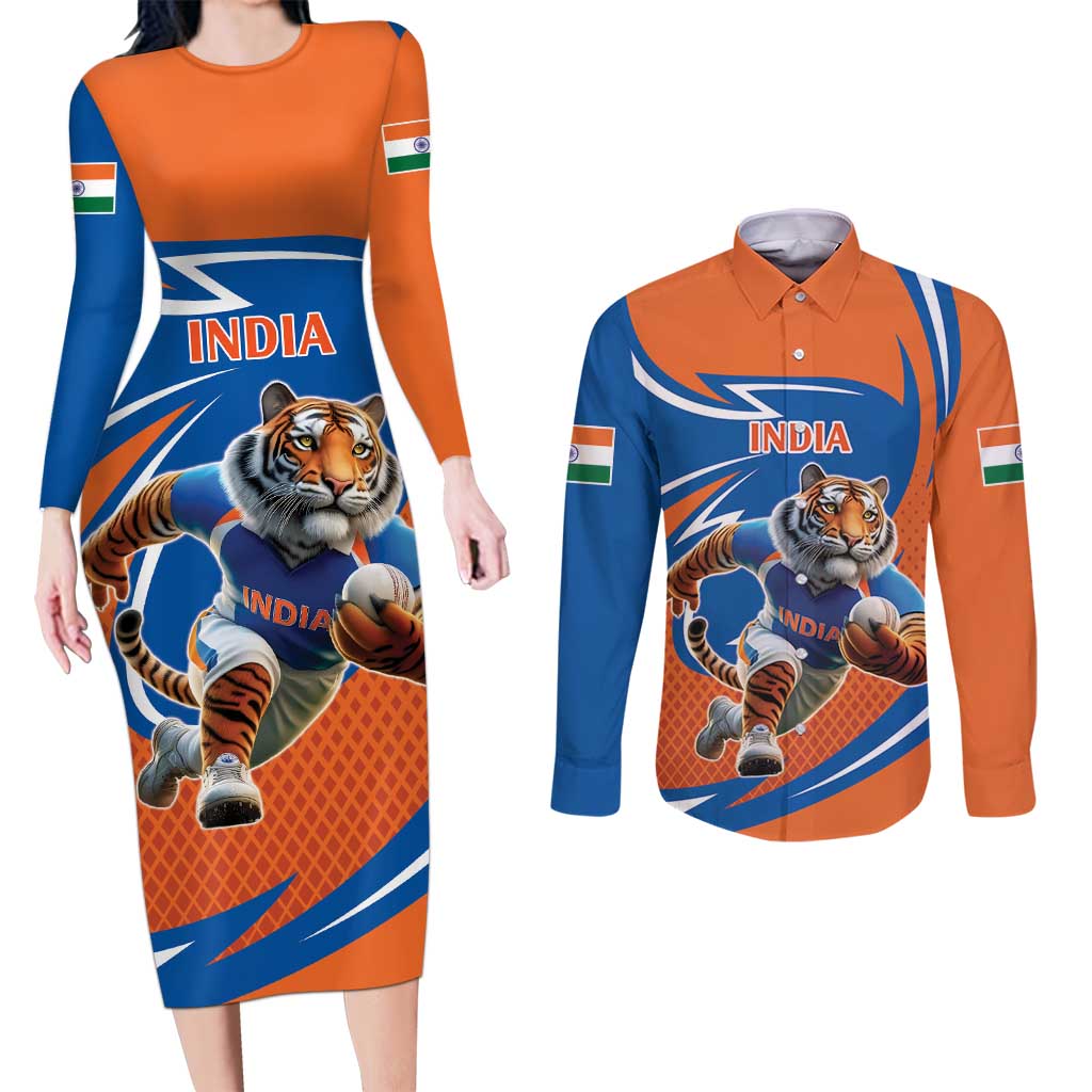 Indian Bengal Tiger Cricket Custom Couples Matching Long Sleeve Bodycon Dress and Long Sleeve Button Shirt Unique Pattern