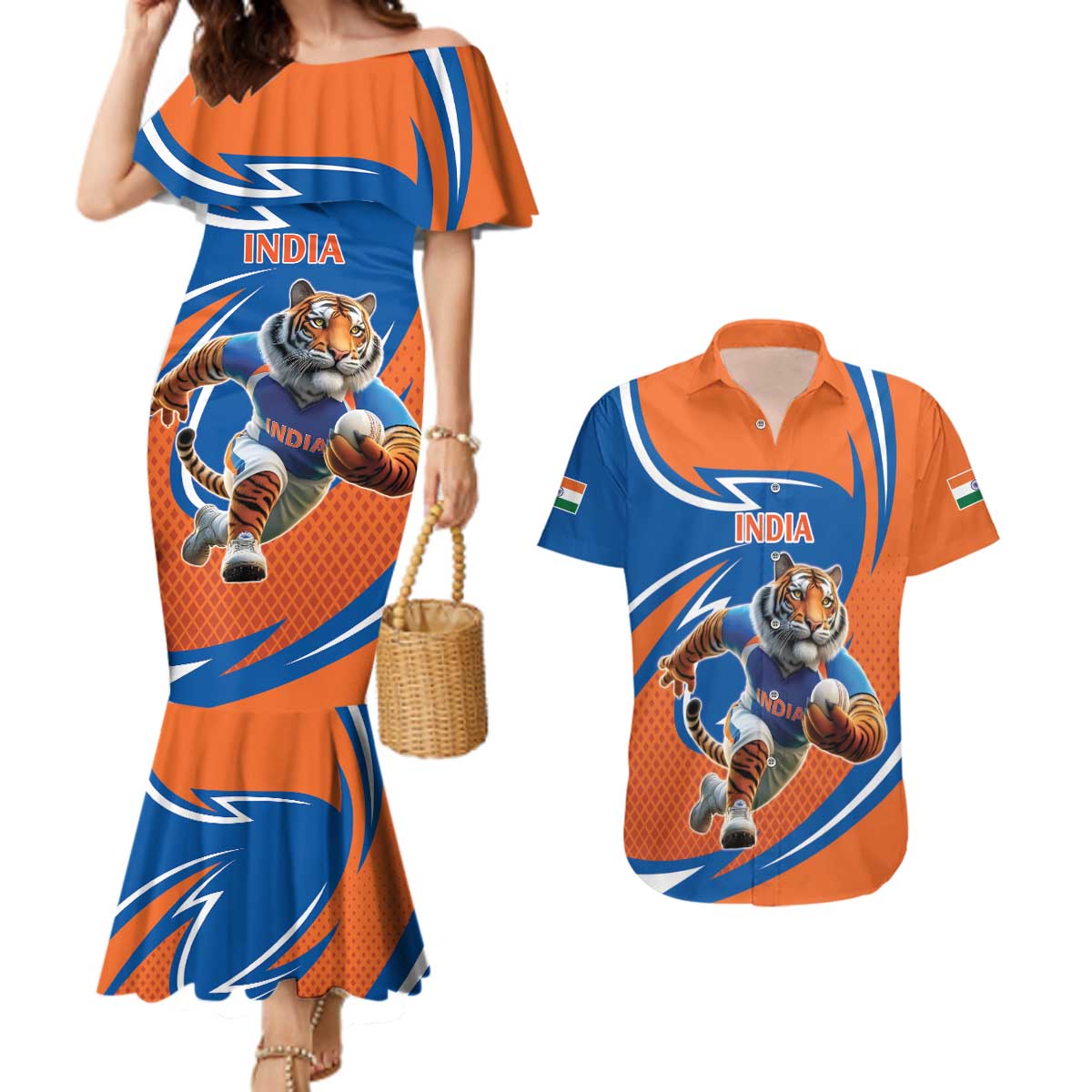 Indian Bengal Tiger Cricket Custom Couples Matching Mermaid Dress and Hawaiian Shirt Unique Pattern