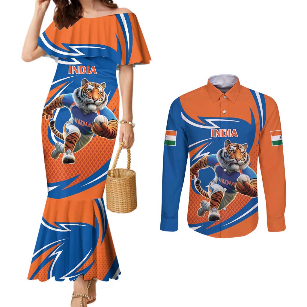 Indian Bengal Tiger Cricket Custom Couples Matching Mermaid Dress and Long Sleeve Button Shirt Unique Pattern