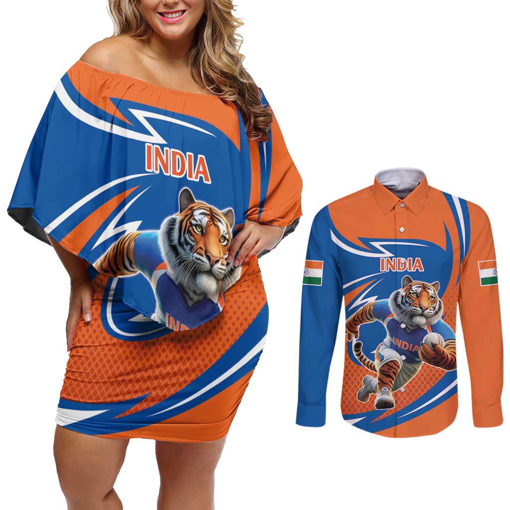 Indian Bengal Tiger Cricket Custom Couples Matching Off Shoulder Short Dress and Long Sleeve Button Shirt Unique Pattern