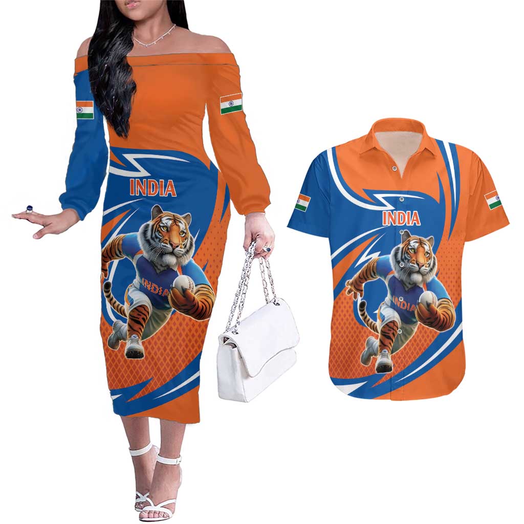 Indian Bengal Tiger Cricket Custom Couples Matching Off The Shoulder Long Sleeve Dress and Hawaiian Shirt Unique Pattern