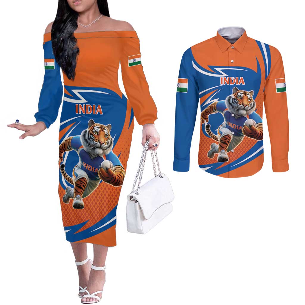 Indian Bengal Tiger Cricket Custom Couples Matching Off The Shoulder Long Sleeve Dress and Long Sleeve Button Shirt Unique Pattern