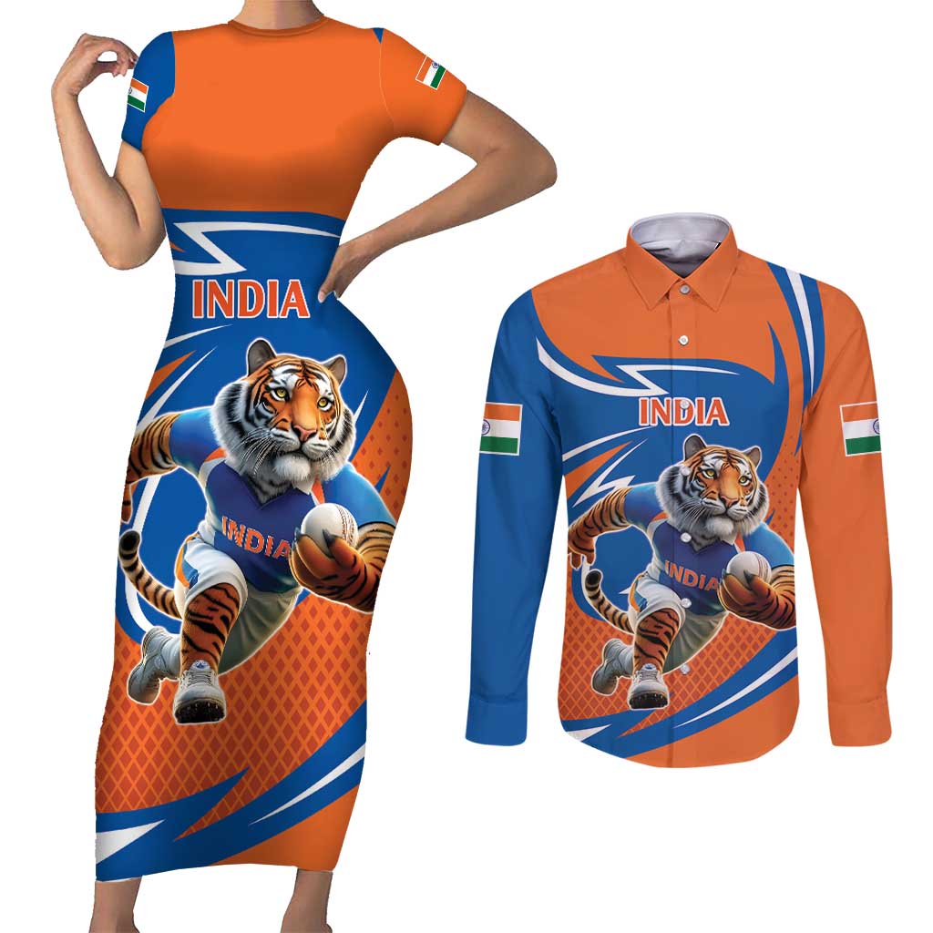 Indian Bengal Tiger Cricket Custom Couples Matching Short Sleeve Bodycon Dress and Long Sleeve Button Shirt Unique Pattern