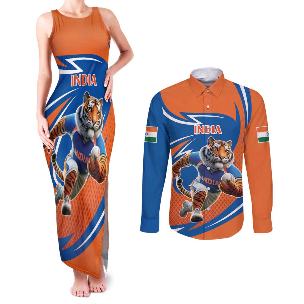 Indian Bengal Tiger Cricket Custom Couples Matching Tank Maxi Dress and Long Sleeve Button Shirt Unique Pattern