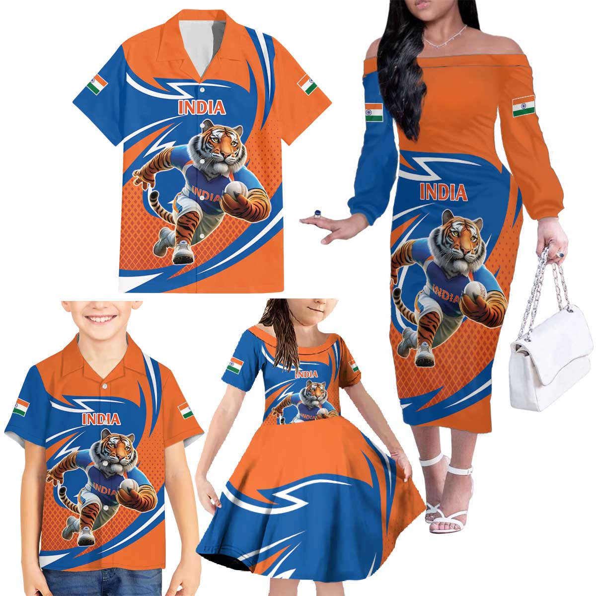 Indian Bengal Tiger Cricket Custom Family Matching Off The Shoulder Long Sleeve Dress and Hawaiian Shirt Unique Pattern