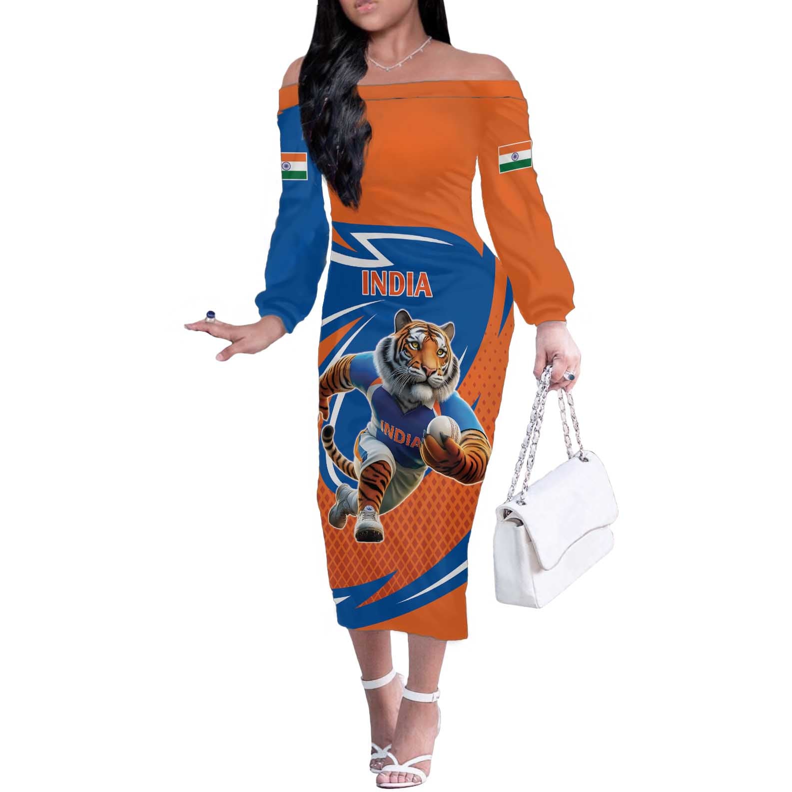 Indian Bengal Tiger Cricket Custom Off The Shoulder Long Sleeve Dress Unique Pattern