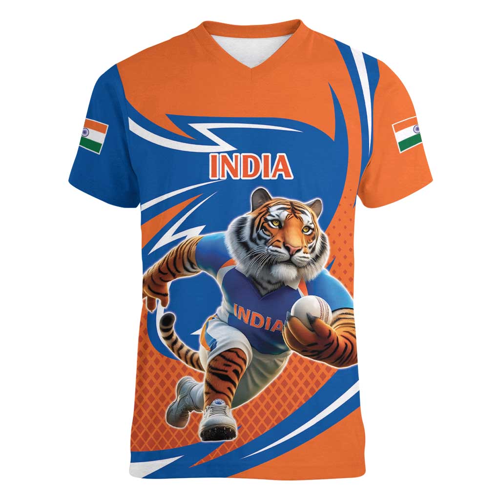 Indian Bengal Tiger Cricket Custom Women V-Neck T-Shirt Unique Pattern