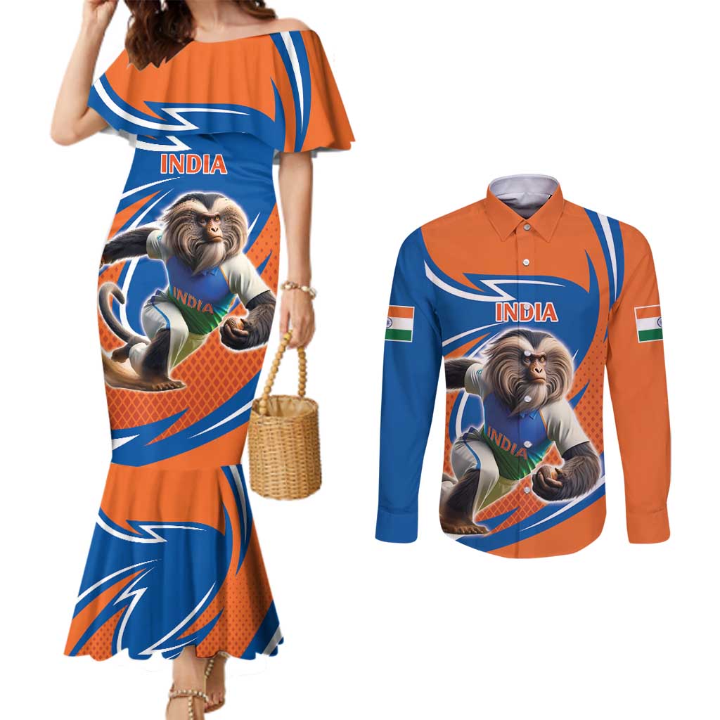 Indian Nilgiri Langur Cricket Custom Couples Matching Mermaid Dress and Long Sleeve Button Shirt Unique Pattern